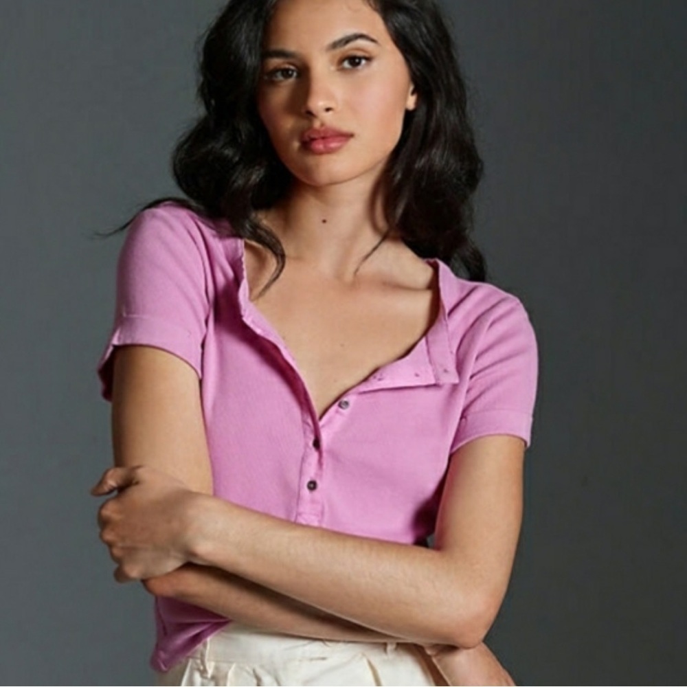 Pilcro Ribbed Henley Tee Pink Rose